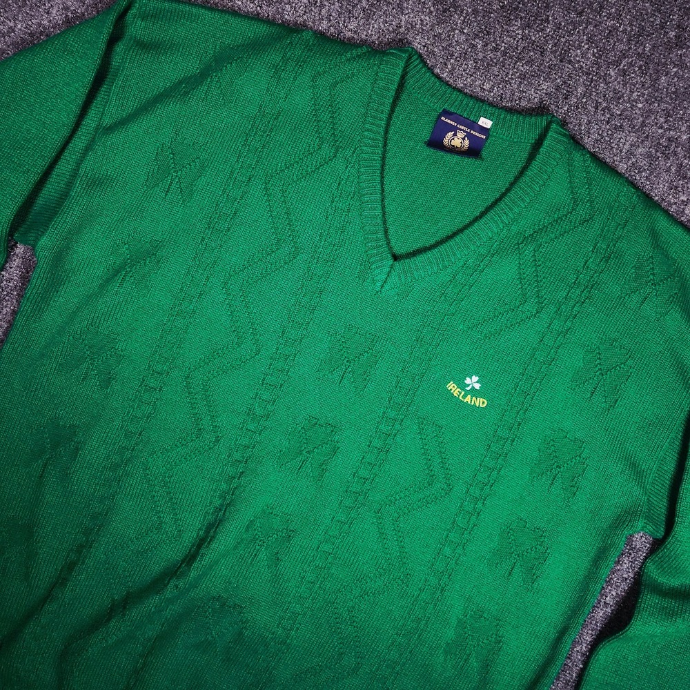 Blarney Castle Sweater Mens XXL Green Excellent Vintage Ireland V-Neck Pullover